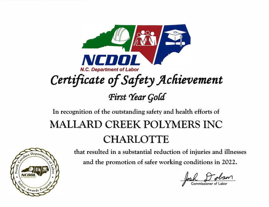Certificate of Safety Achievement from NCDOL