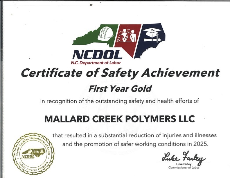 Certificate of Safety Achievement from NCDOL (2025)